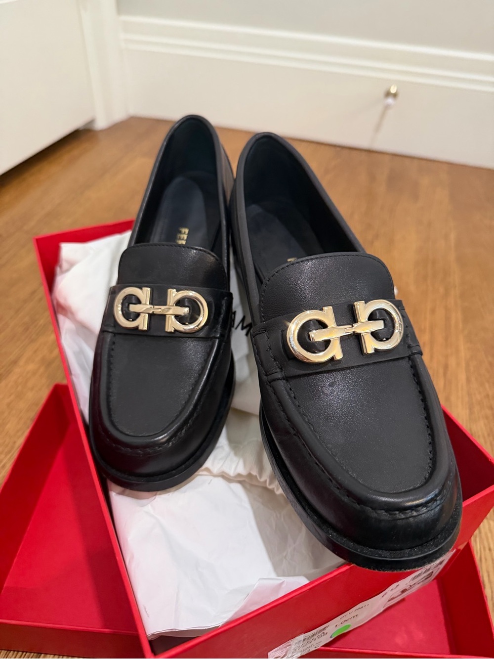 Salvatore Ferragamo Ofelia Black Leather Loafers with Gold Gancini Hardware